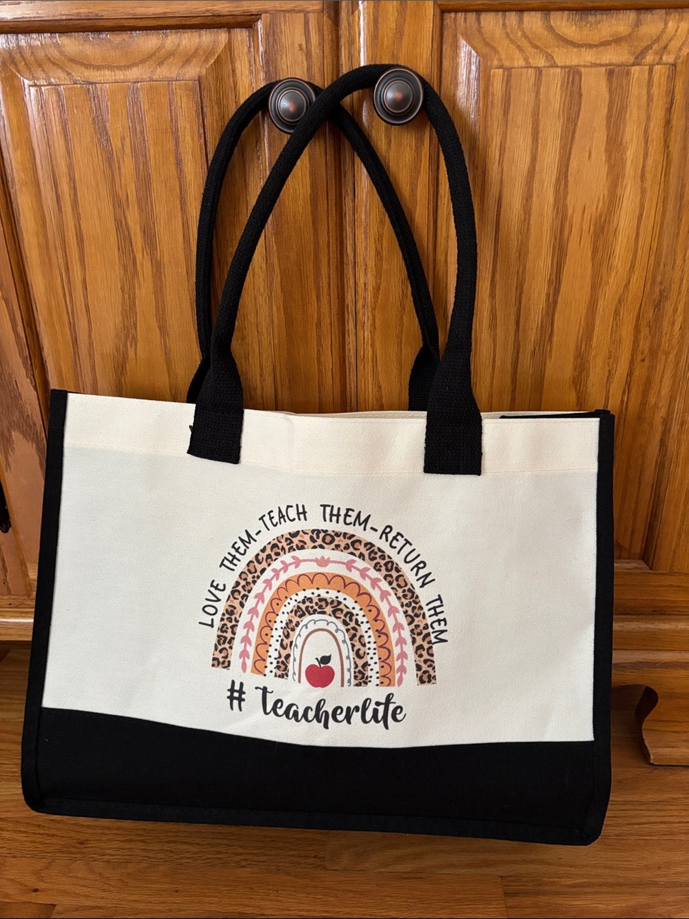 Teacher Life Canvas Tote Bag in Cream and Black